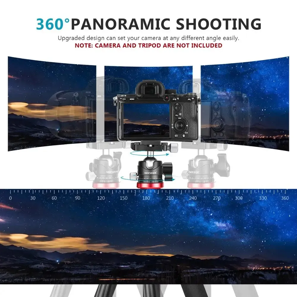 360 Rotating Low Profile Tripod Ball Head with 2 Lock Knobs 1/4 Qr Plate and Bubble Level