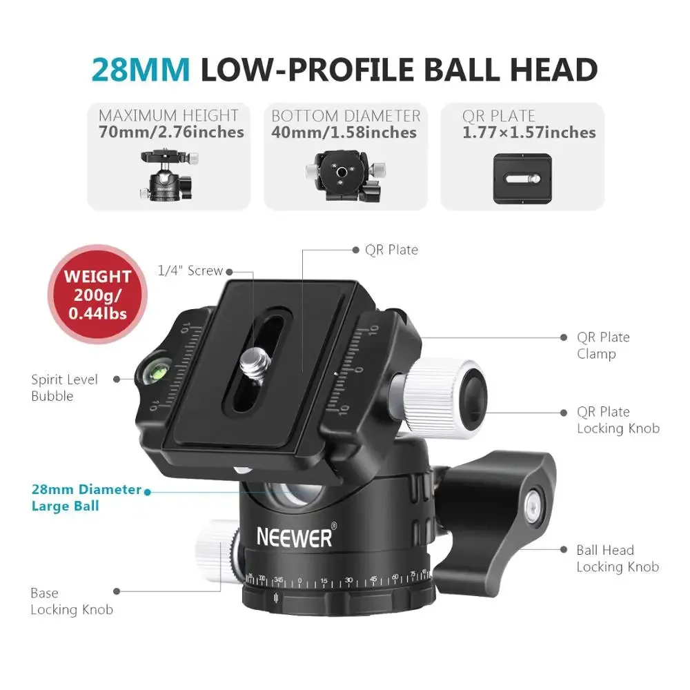 360 Rotating Low Profile Tripod Ball Head with 2 Lock Knobs 1/4 Qr Plate and Bubble Level