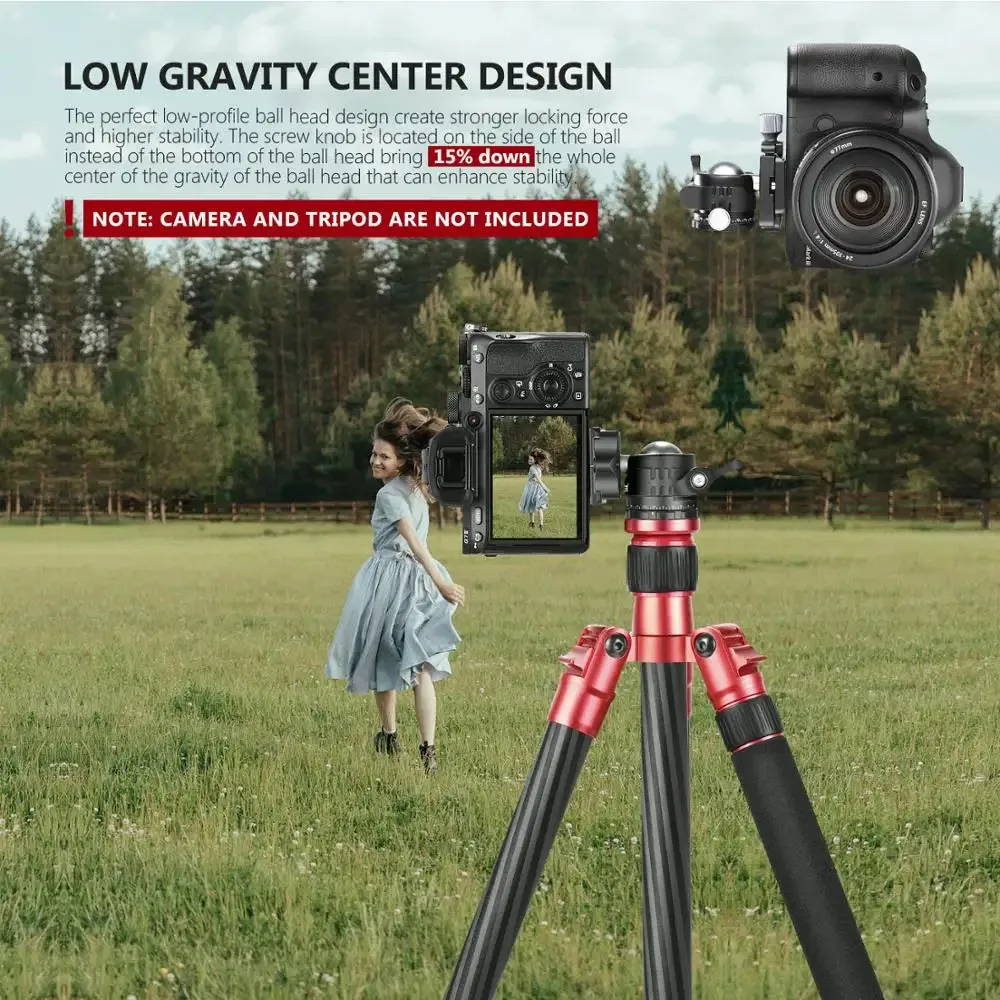 360 Rotating Low Profile Tripod Ball Head with 2 Lock Knobs 1/4 Qr Plate and Bubble Level