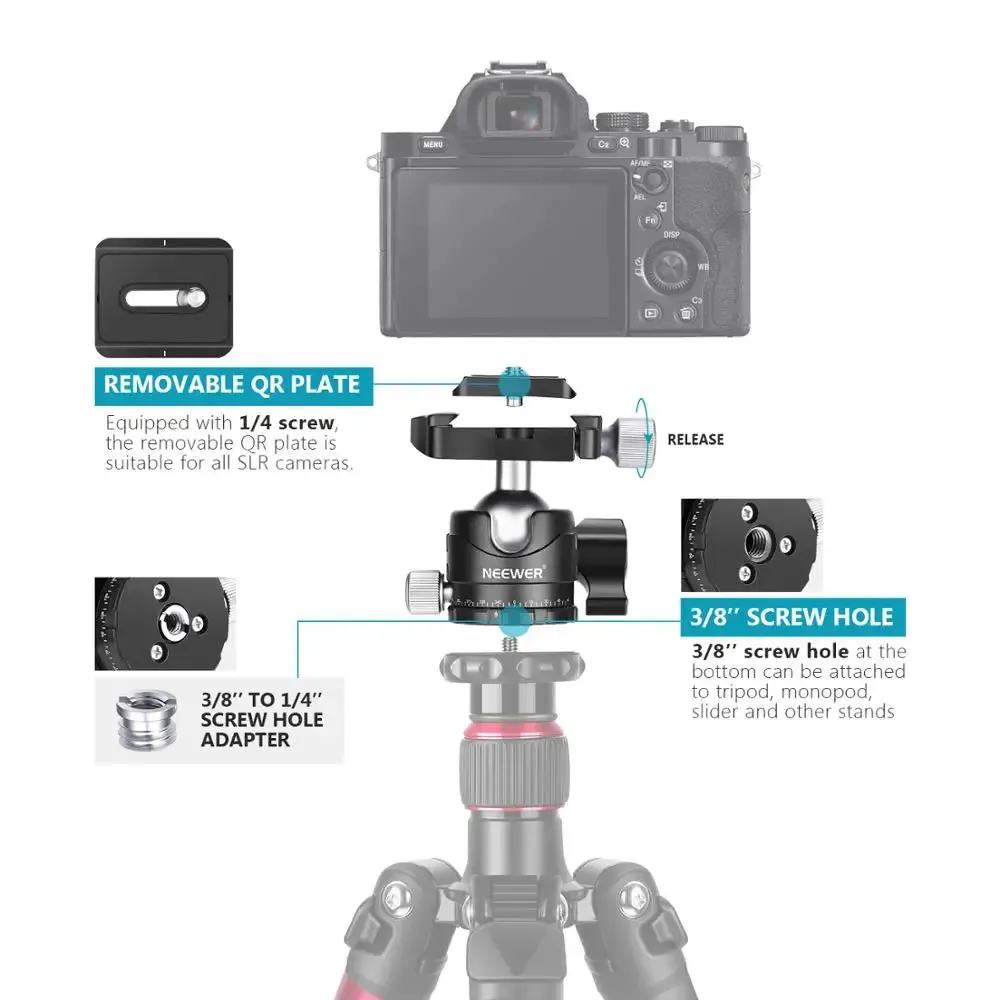 360 Rotating Low Profile Tripod Ball Head with 2 Lock Knobs 1/4 Qr Plate and Bubble Level