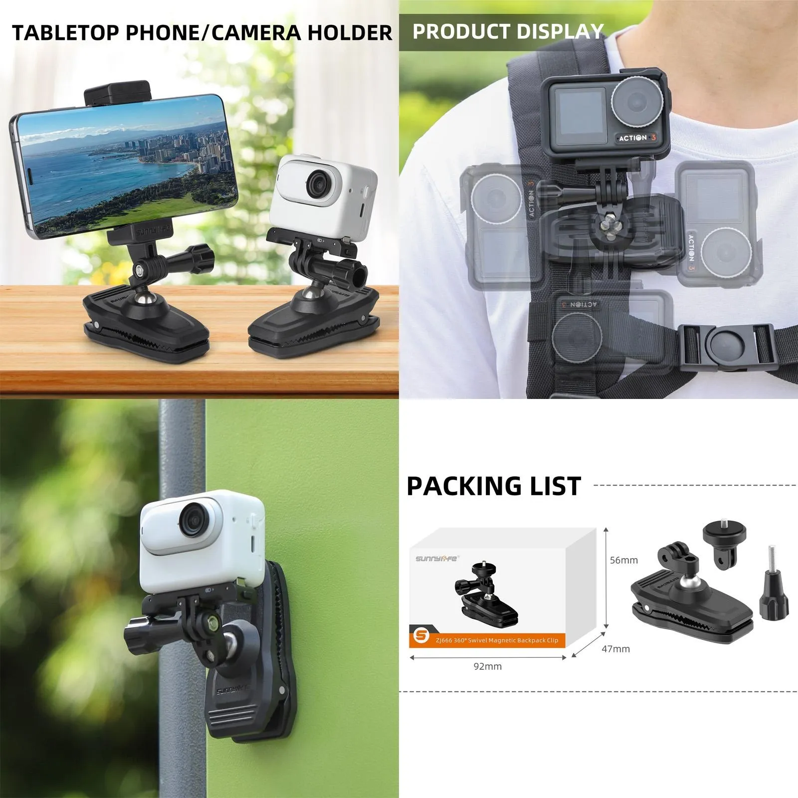 360° Swivel Backpack Clip | For Magnetic Action Camera Mount