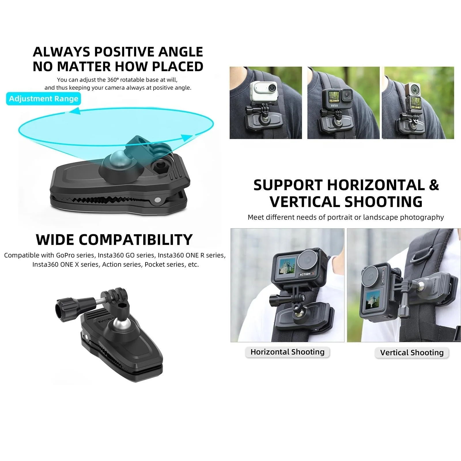 360° Swivel Backpack Clip | For Magnetic Action Camera Mount