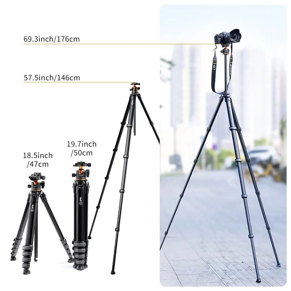 69.3inch Travel Camera Tripod Aluminium Professional Tripod 15kg 33lbs Load with Panorama Ball Head Quick Release
