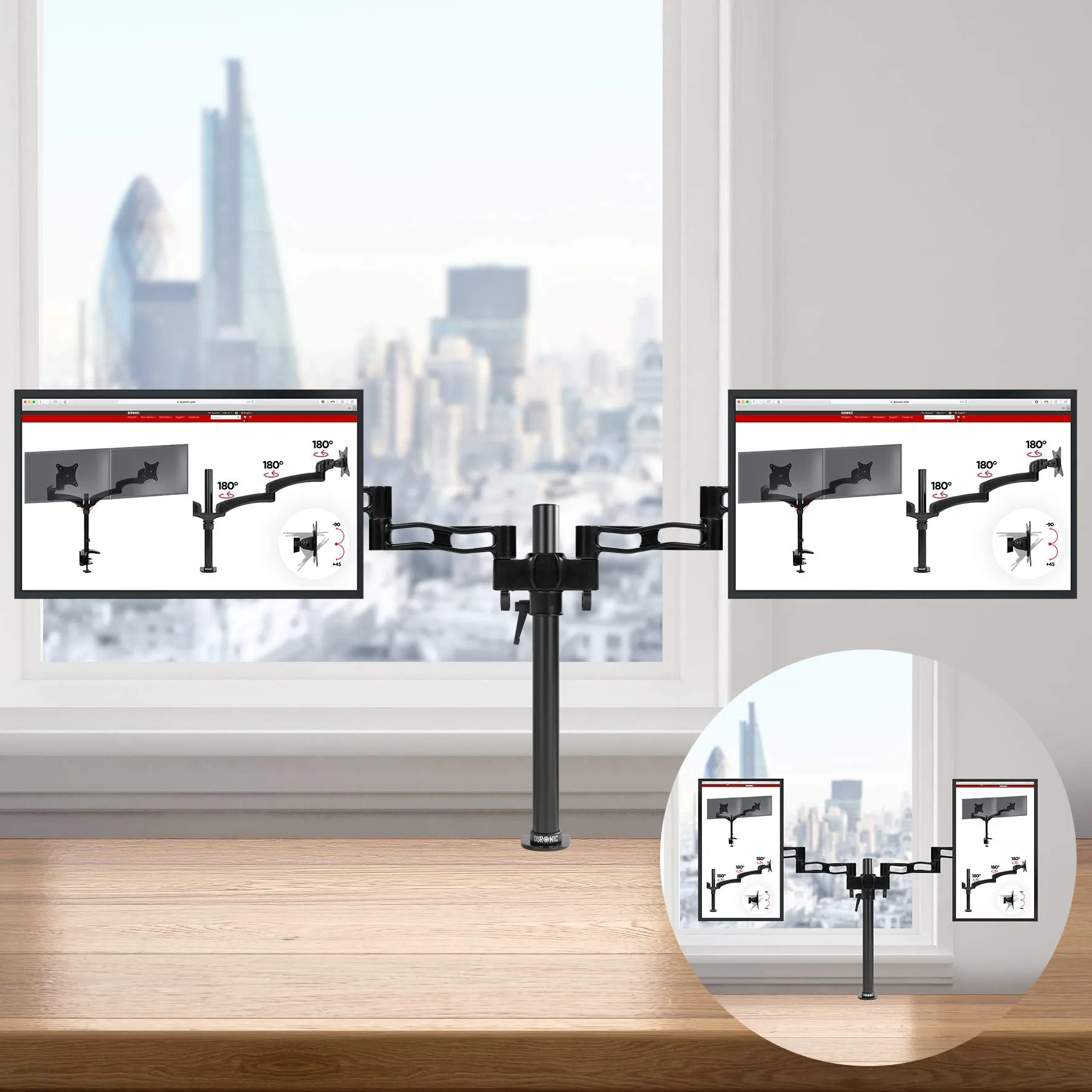 Duronic Computer Monitor Arms Stand DM352 BK Dual Freestanding PC Multi Arm Desk Mount Twin Adjustable Stands for VESA 75/100 Two 13-27 Inch LED LCD Screens 8kg Capacity Mounts Tilt -15/ 15 - Black