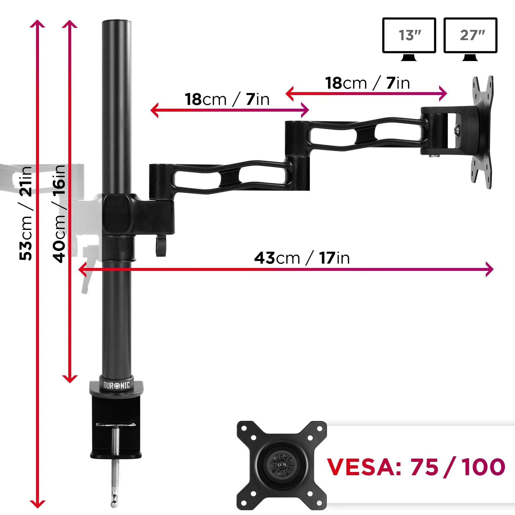 Duronic Computer Monitor Arms Stand DM352 BK Dual Freestanding PC Multi Arm Desk Mount Twin Adjustable Stands for VESA 75/100 Two 13-27 Inch LED LCD Screens 8kg Capacity Mounts Tilt -15/ 15 - Black
