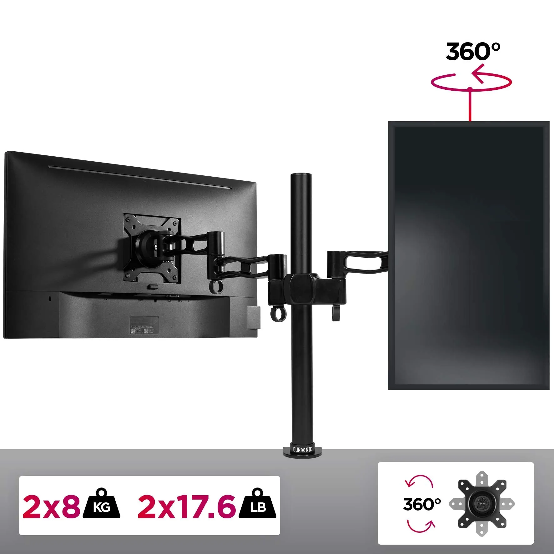 Duronic Computer Monitor Arms Stand DM352 BK Dual Freestanding PC Multi Arm Desk Mount Twin Adjustable Stands for VESA 75/100 Two 13-27 Inch LED LCD Screens 8kg Capacity Mounts Tilt -15/ 15 - Black