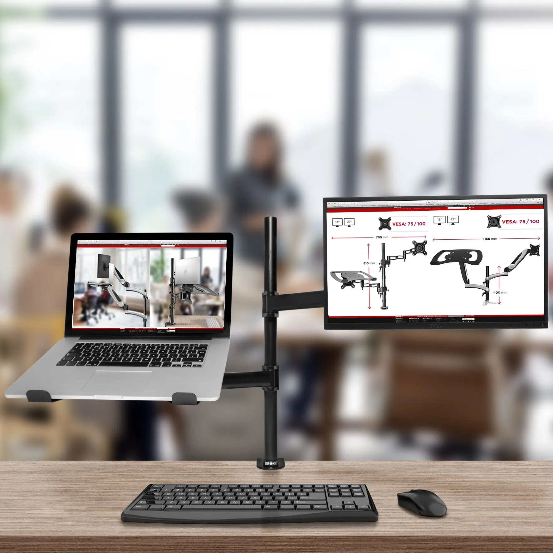Duronic Monitor and Laptop Stand DM25L1X1, Dual Monitor Arms for 13-27” Screens, Adjustable Monitor Stand Riser Clamp for 13-27” Screen Desk Mount with VESA 75/100 for Home Office Work