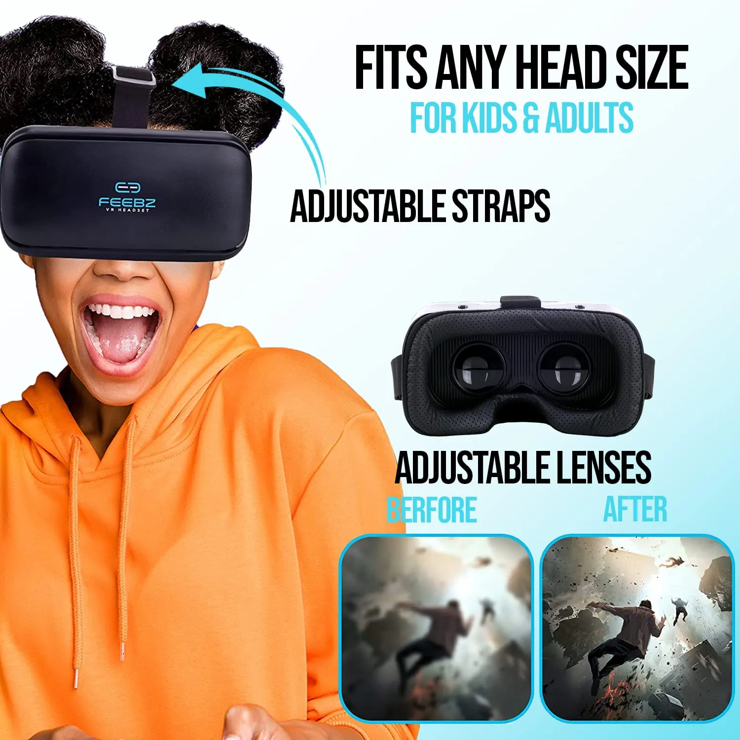 Feebz 3D VR Headset Compatible with iPhone & Android - with Built-in Action Button | Virtual Reality Goggles for 4.7”-6.5” Cell Phone - Wearable VR Set for Kids & Adults – Blue
