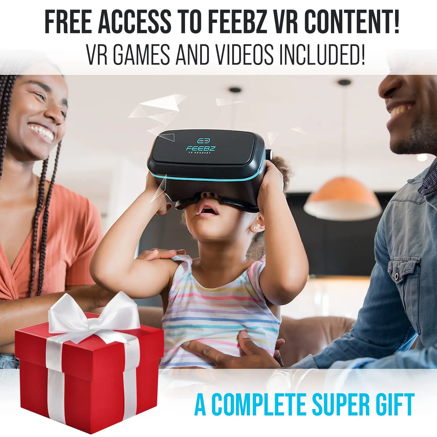 Feebz 3D VR Headset Compatible with iPhone & Android - with Built-in Action Button | Virtual Reality Goggles for 4.7”-6.5” Cell Phone - Wearable VR Set for Kids & Adults – Blue