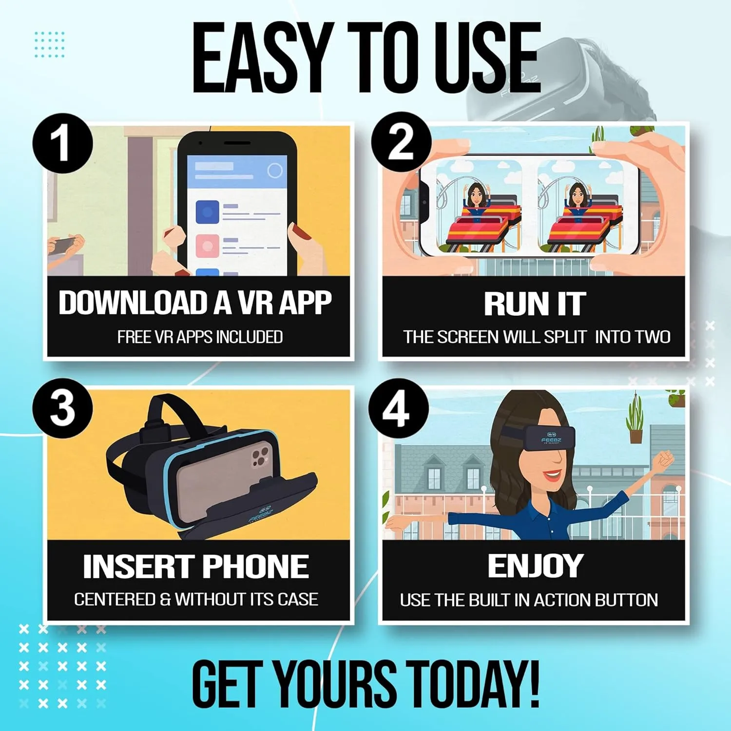 Feebz 3D VR Headset Compatible with iPhone & Android - with Built-in Action Button | Virtual Reality Goggles for 4.7”-6.5” Cell Phone - Wearable VR Set for Kids & Adults – Blue