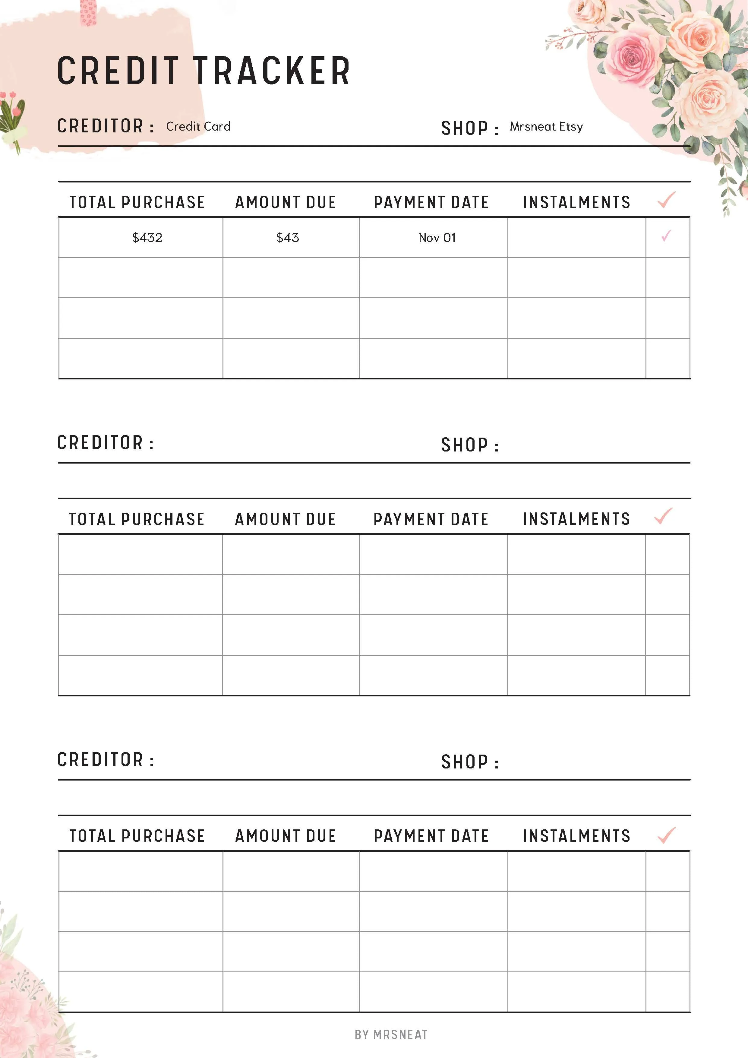 Floral Credit Tracker Printable - M010