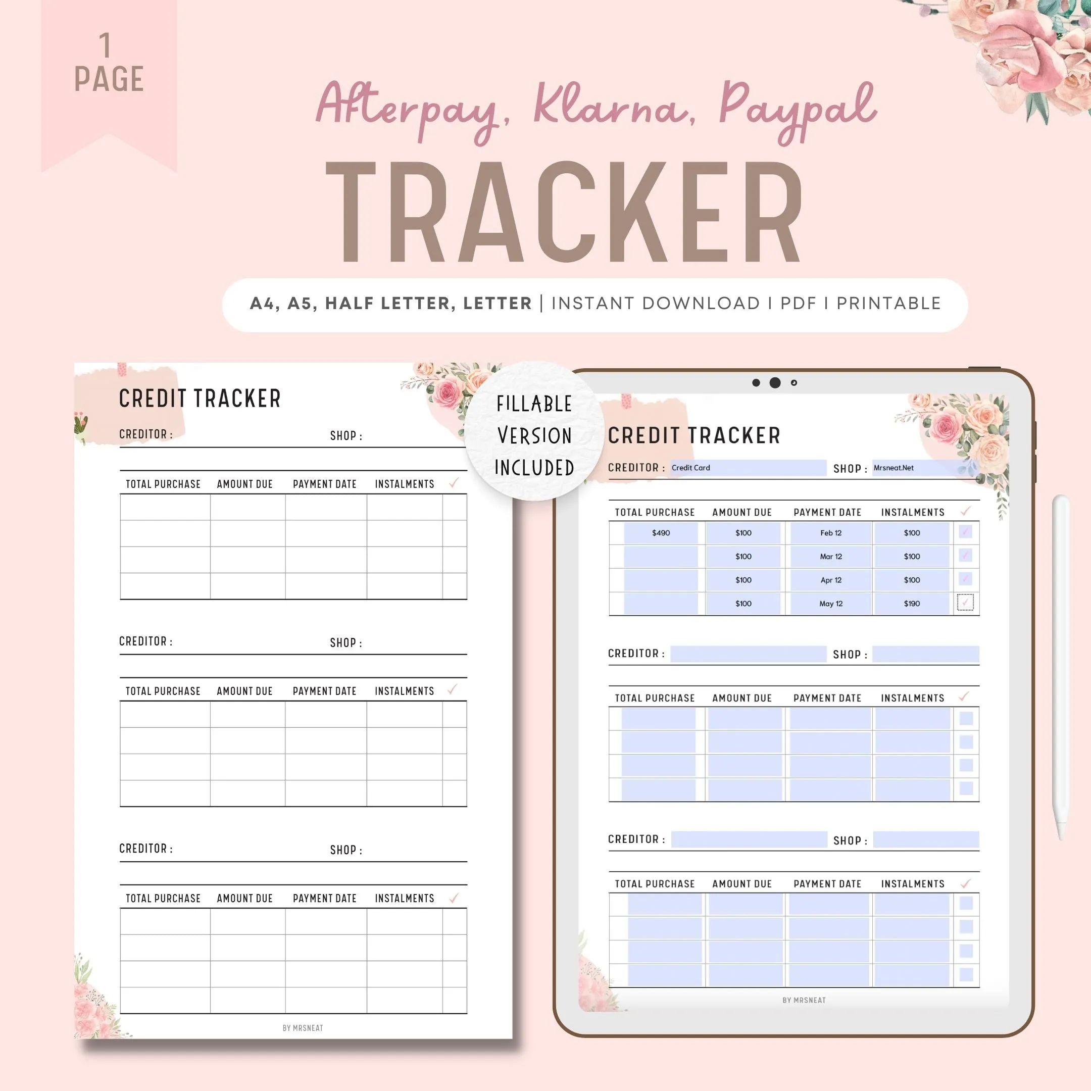 Floral Credit Tracker Printable - M010