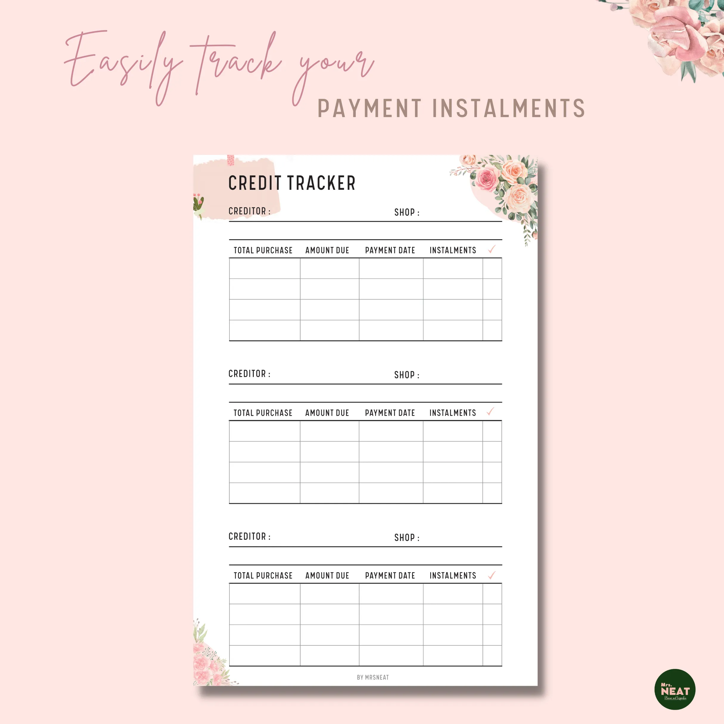 Floral Credit Tracker Printable - M010