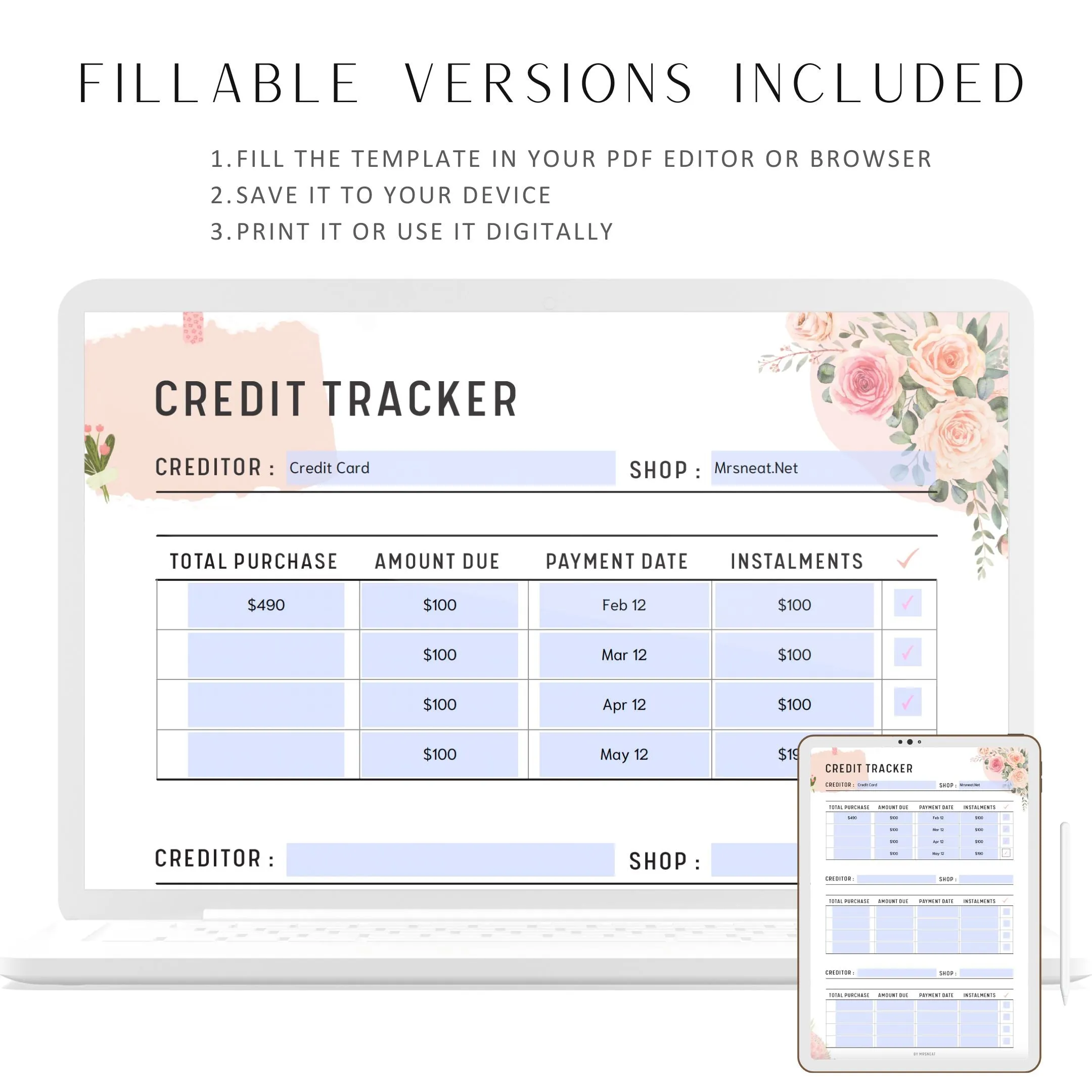 Floral Credit Tracker Printable - M010