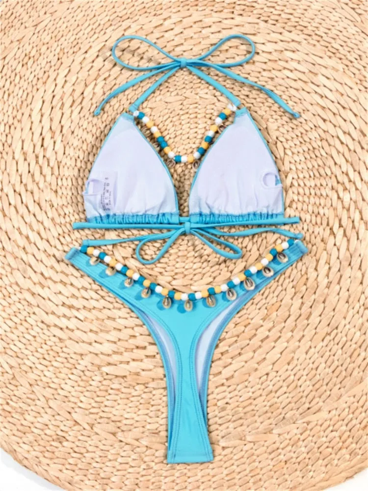 Solid Sky Cut Out Brazilian Bikini