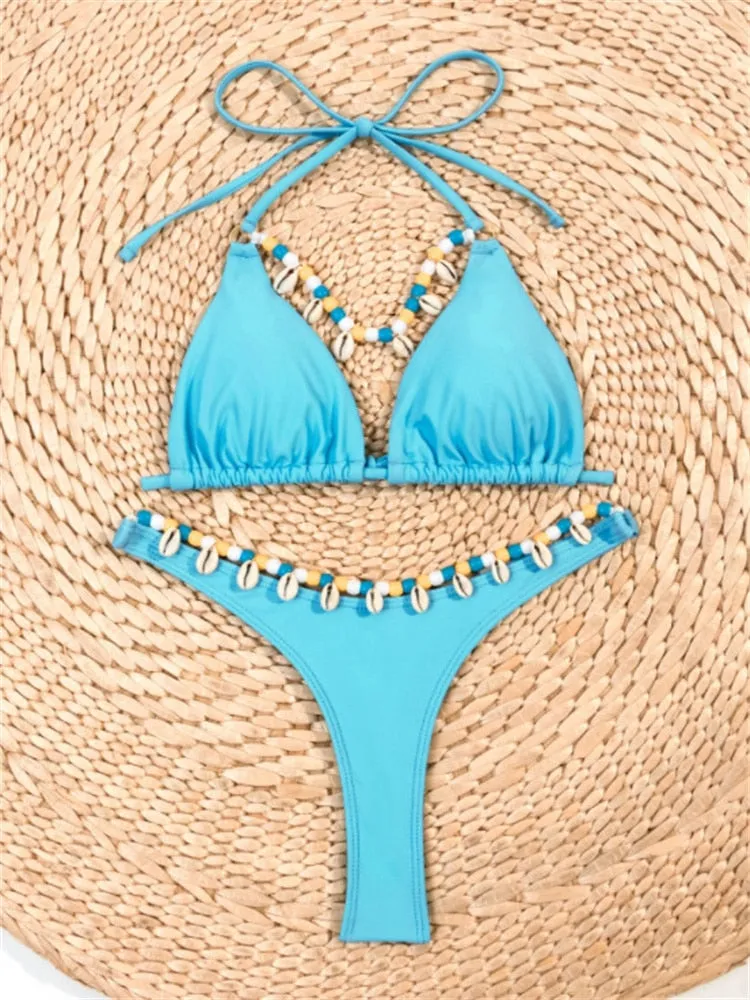 Solid Sky Cut Out Brazilian Bikini