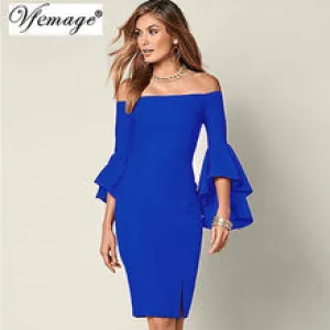 Vfemage Women Elegant Flare Trumpet Sleeve Bodycon Dress