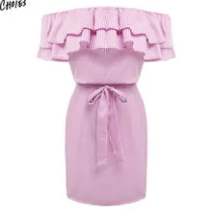 Women Off the Shoulder Striped Layered Ruffle Tie Waist Mini Dress Summer 2 Colors Backless Casual Shift Streetwear