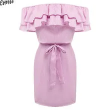 Women Off the Shoulder Striped Layered Ruffle Tie Waist Mini Dress Summer 2 Colors Backless Casual Shift Streetwear